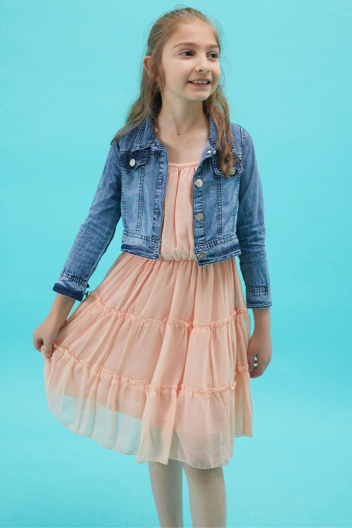 Kız Çocuk Jean Ceketli Pembe Elbise Takımı 15192