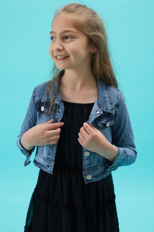 Kız Çocuk Jean Ceketli Siyah Elbise Takımı 15196