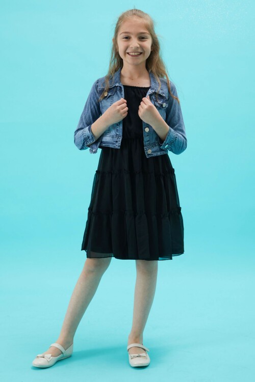 Kız Çocuk Jean Ceketli Siyah Elbise Takımı 15196