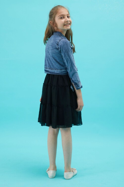 Kız Çocuk Jean Ceketli Siyah Elbise Takımı 15196