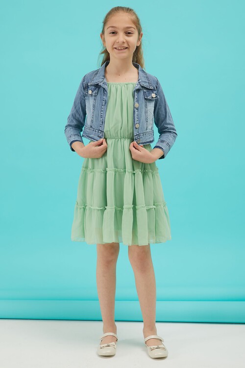 Kız Çocuk Jean Ceketli Yeşil Elbise Takımı 15191