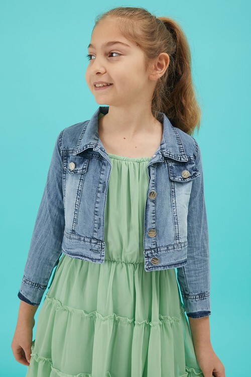 Kız Çocuk Jean Ceketli Yeşil Elbise Takımı 15191