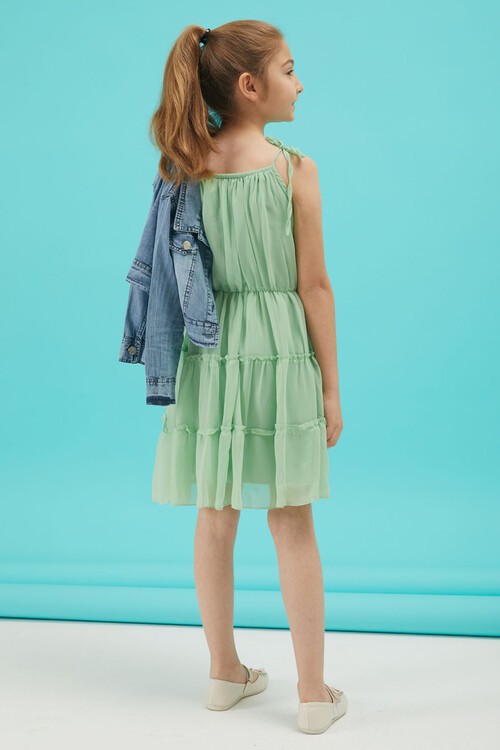 Kız Çocuk Jean Ceketli Yeşil Elbise Takımı 15191