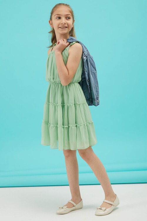 Kız Çocuk Jean Ceketli Yeşil Elbise Takımı 15191