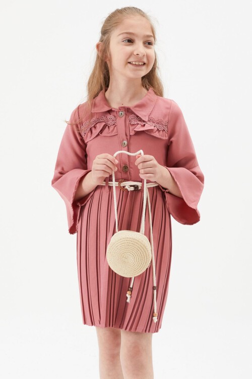 Kız Çocuk Koyu Pembe Dantel Süslemeli Çantalı Piliseli Elbise 15171