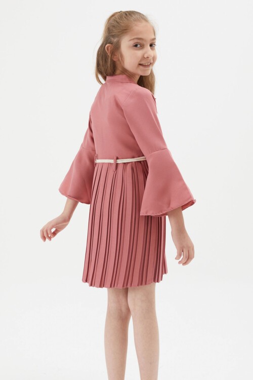 Kız Çocuk Koyu Pembe Dantel Süslemeli Çantalı Piliseli Elbise 15171