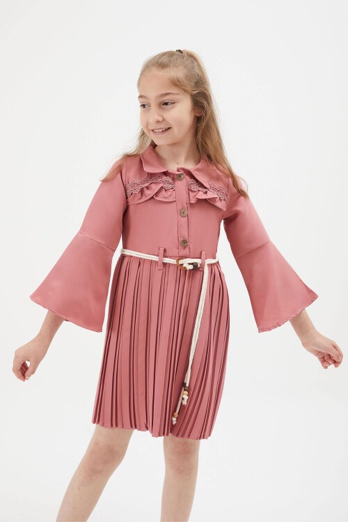 Kız Çocuk Koyu Pembe Dantel Süslemeli Çantalı Piliseli Elbise 15171