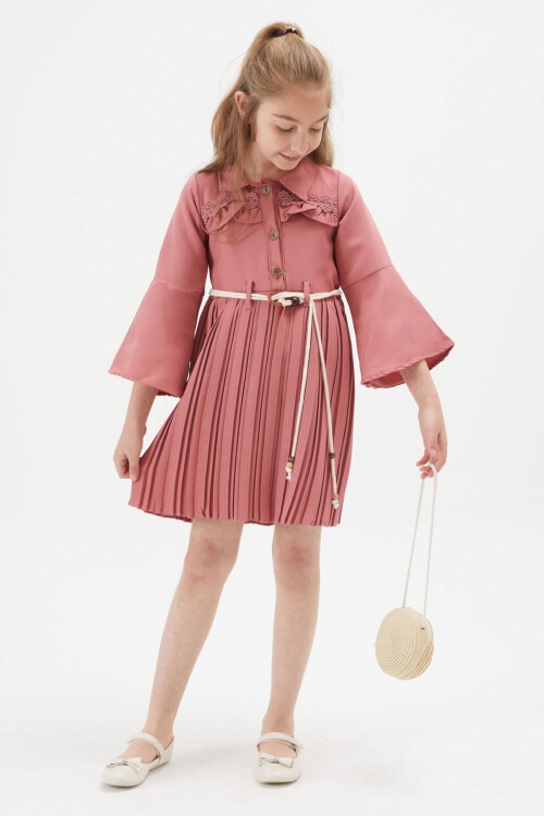 Kız Çocuk Koyu Pembe Dantel Süslemeli Çantalı Piliseli Elbise 15171