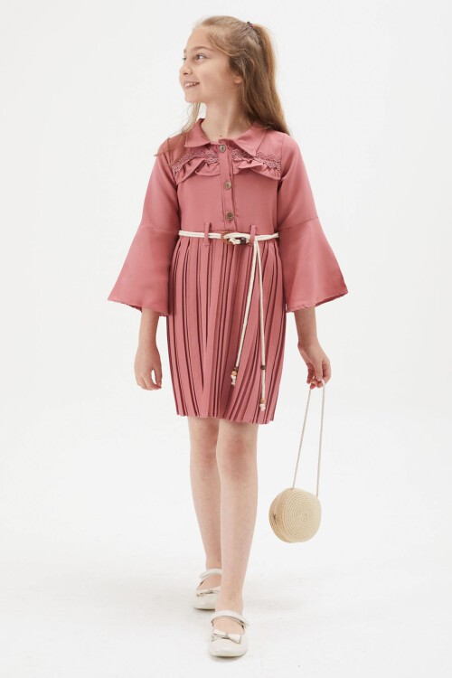 Kız Çocuk Koyu Pembe Dantel Süslemeli Çantalı Piliseli Elbise 15171