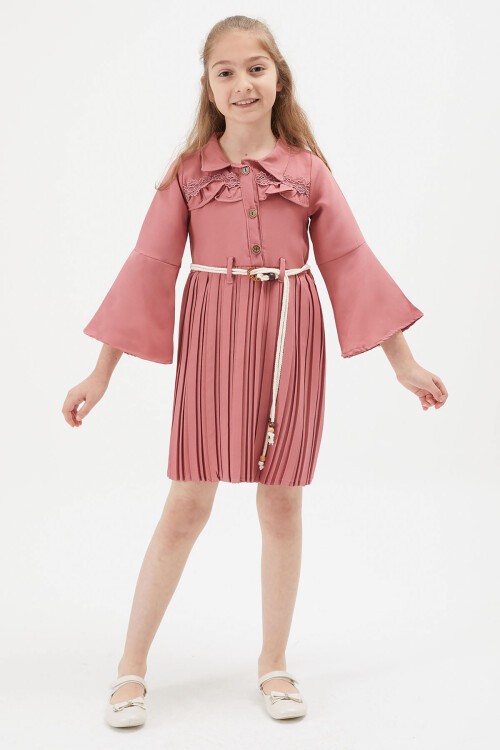 Kız Çocuk Koyu Pembe Dantel Süslemeli Çantalı Piliseli Elbise 15171