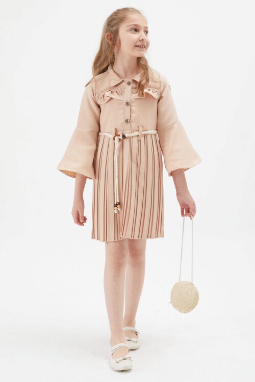 Kız Çocuk Krem Dantel Süslemeli Çantalı Piliseli Elbise 15169