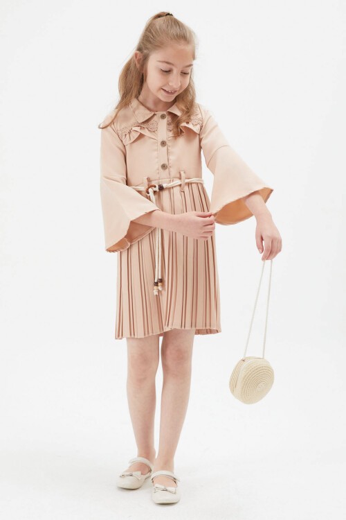 Kız Çocuk Krem Dantel Süslemeli Çantalı Piliseli Elbise 15169