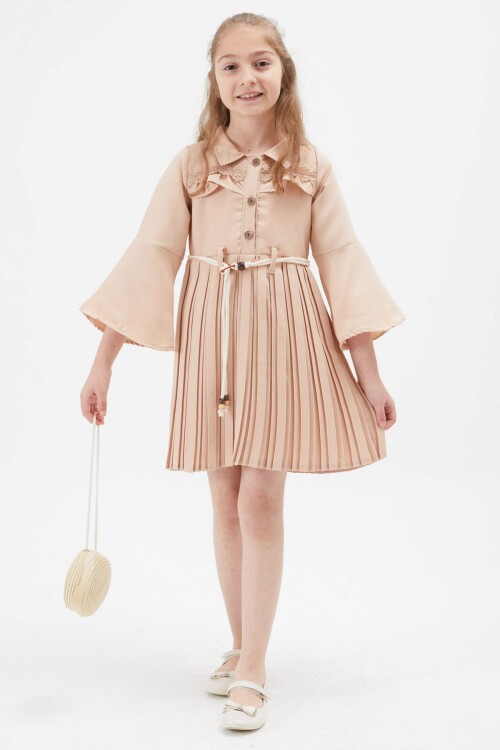 Kız Çocuk Krem Dantel Süslemeli Çantalı Piliseli Elbise 15169