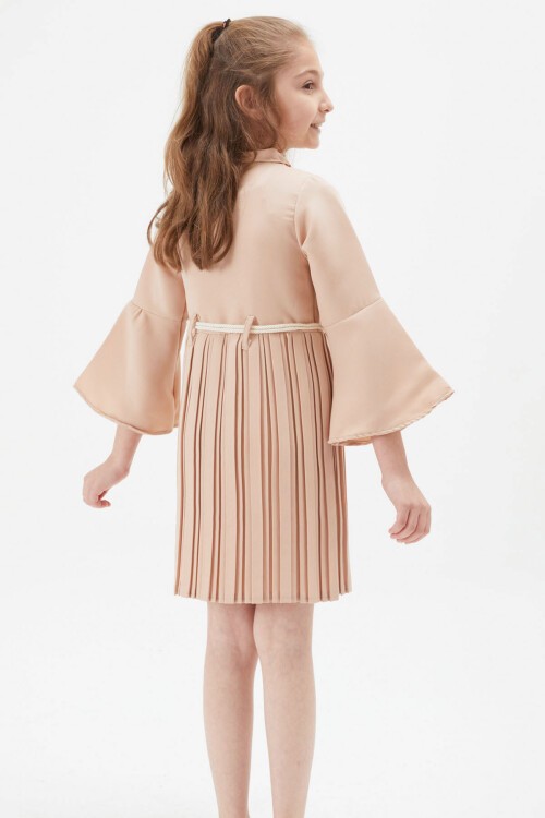 Kız Çocuk Krem Dantel Süslemeli Çantalı Piliseli Elbise 15169