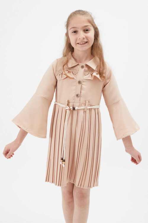 Kız Çocuk Krem Dantel Süslemeli Çantalı Piliseli Elbise 15169