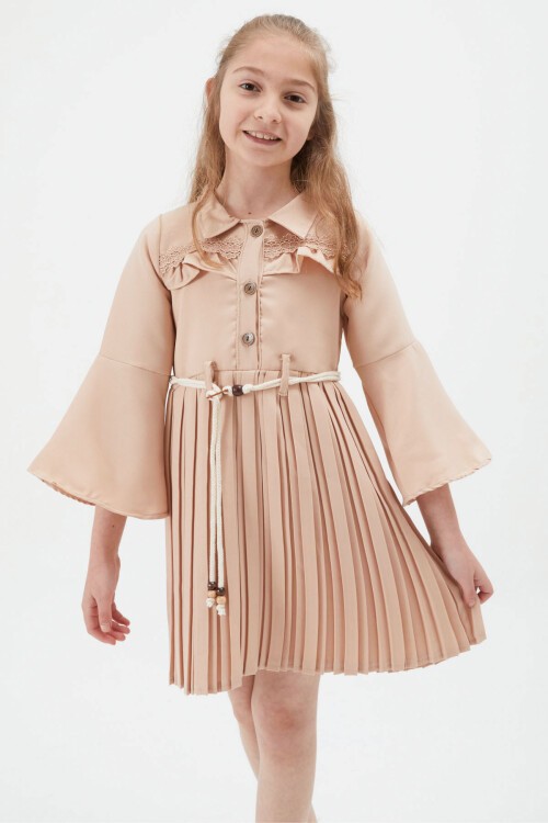 Kız Çocuk Krem Dantel Süslemeli Çantalı Piliseli Elbise 15169