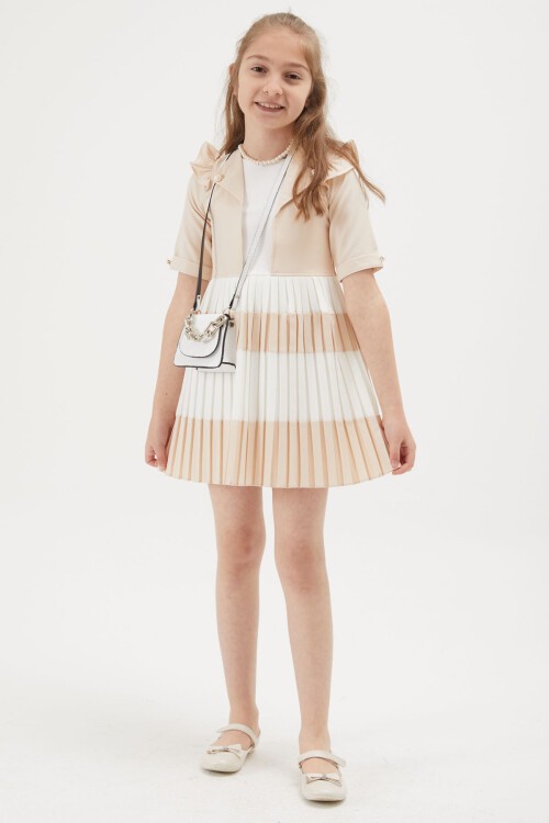Kız Çocuk Krem İnci Kolyeli Çantalı Pileli Elbise 15151