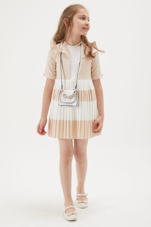 Kız Çocuk Krem İnci Kolyeli Çantalı Pileli Elbise 15151