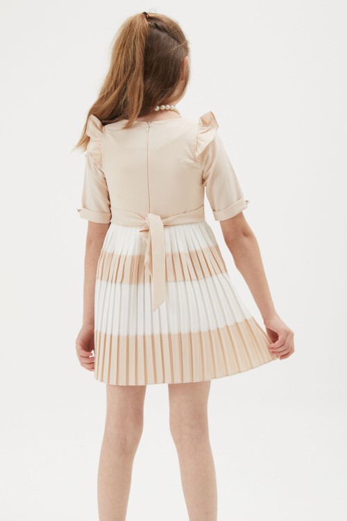 Kız Çocuk Krem İnci Kolyeli Çantalı Pileli Elbise 15151