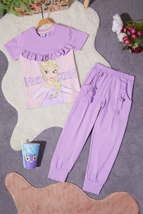 Kız Çocuk Lila Frozen Baskılı Tişörtlü Takım 15258