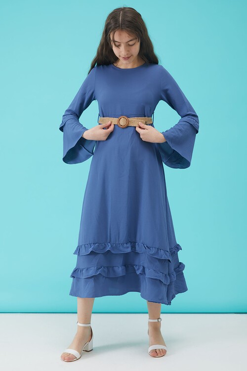 Kız Çocuk Mavi Kemerli Volanlı Elbise 15181