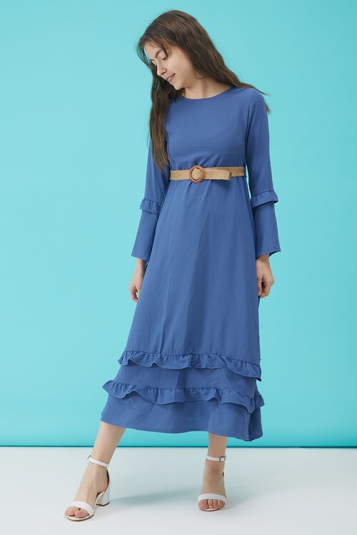 Kız Çocuk Mavi Kemerli Volanlı Elbise 15181