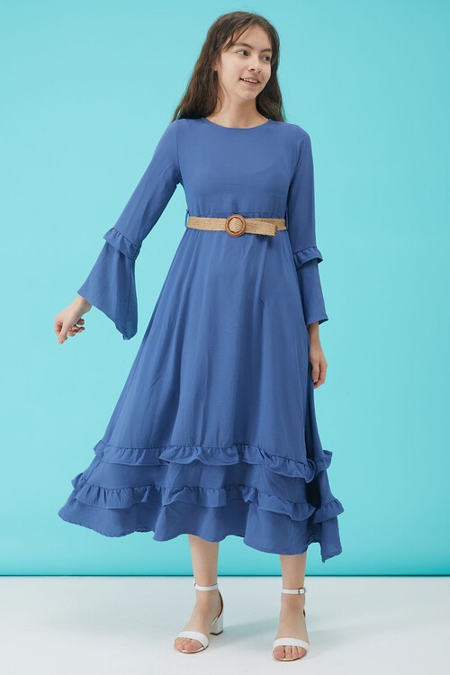 Kız Çocuk Mavi Kemerli Volanlı Elbise 15181