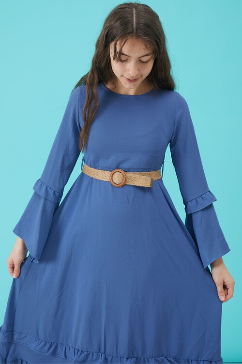 Kız Çocuk Mavi Kemerli Volanlı Elbise 15181