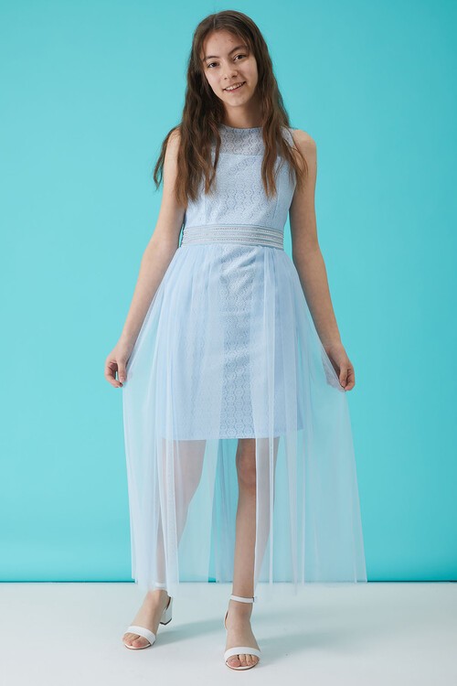 Kız Çocuk Mavi Taş Detaylı Tüllü Abiye Elbise 15156