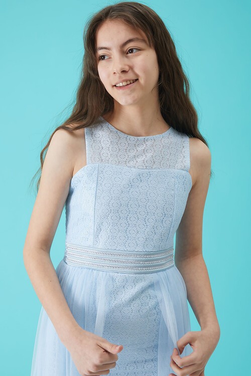 Kız Çocuk Mavi Taş Detaylı Tüllü Abiye Elbise 15156