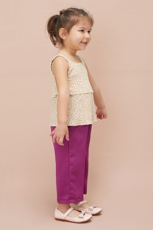 Kız Çocuk Mor Çiçekli Askılı Bluzlu Pantolonlu Takım 15149