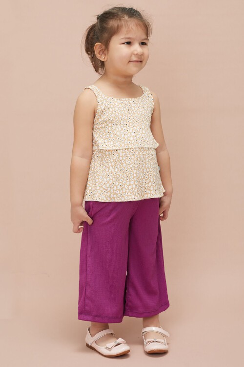 Kız Çocuk Mor Çiçekli Askılı Bluzlu Pantolonlu Takım 15149