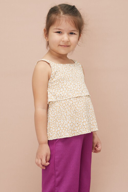 Kız Çocuk Mor Çiçekli Askılı Bluzlu Pantolonlu Takım 15149