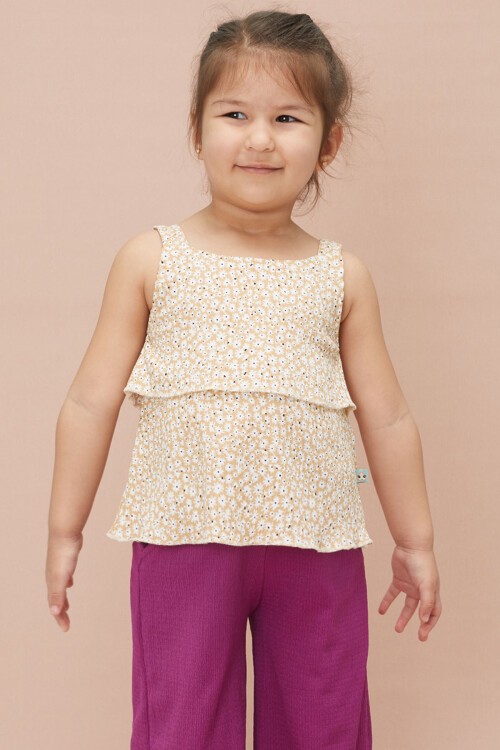 Kız Çocuk Mor Çiçekli Askılı Bluzlu Pantolonlu Takım 15149