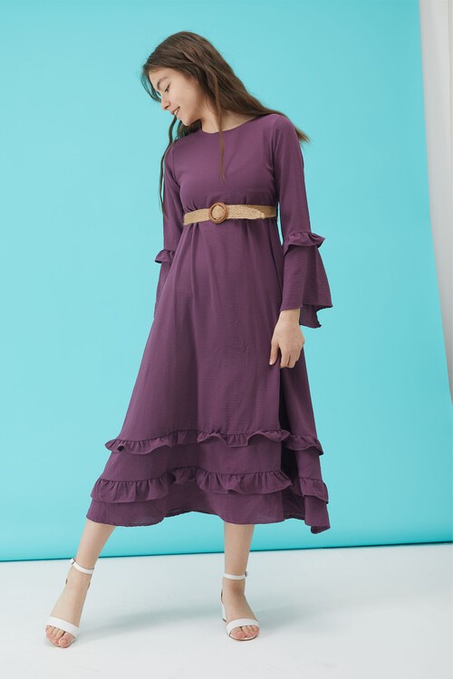 Kız Çocuk Mor Kemerli Volanlı Elbise 15183