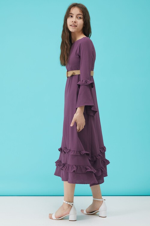 Kız Çocuk Mor Kemerli Volanlı Elbise 15183