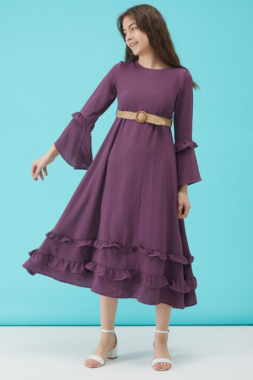 Kız Çocuk Mor Kemerli Volanlı Elbise 15183