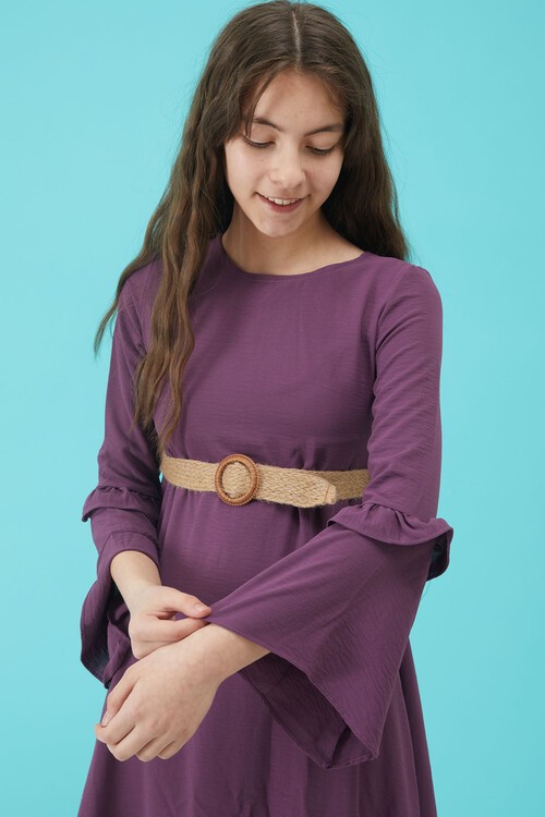 Kız Çocuk Mor Kemerli Volanlı Elbise 15183