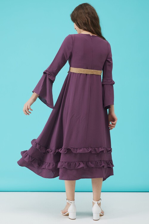 Kız Çocuk Mor Kemerli Volanlı Elbise 15183