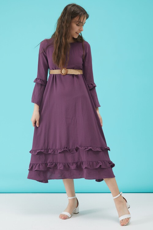 Kız Çocuk Mor Kemerli Volanlı Elbise 15183