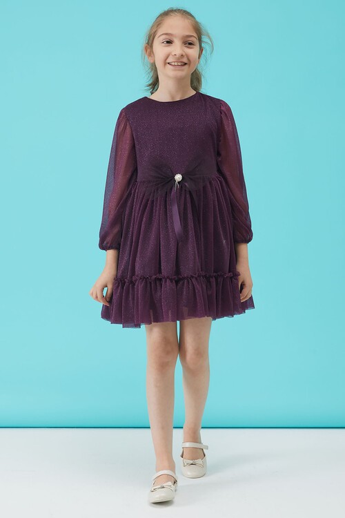 Kız Çocuk Mor Simli Tüllü Abiye Elbise 15188