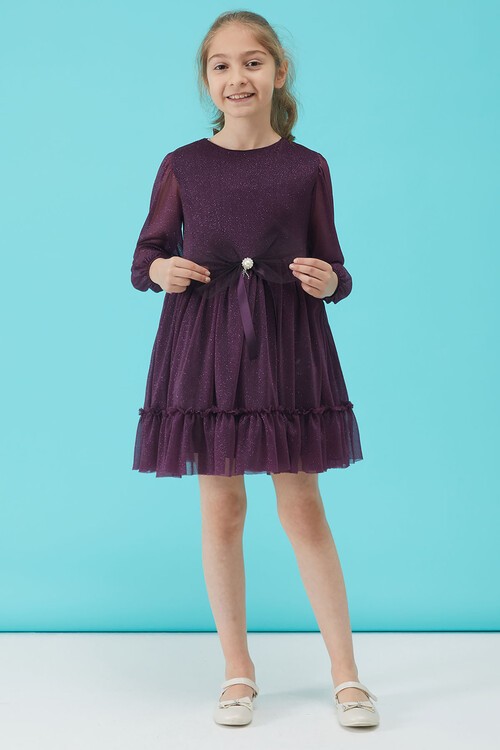 Kız Çocuk Mor Simli Tüllü Abiye Elbise 15188
