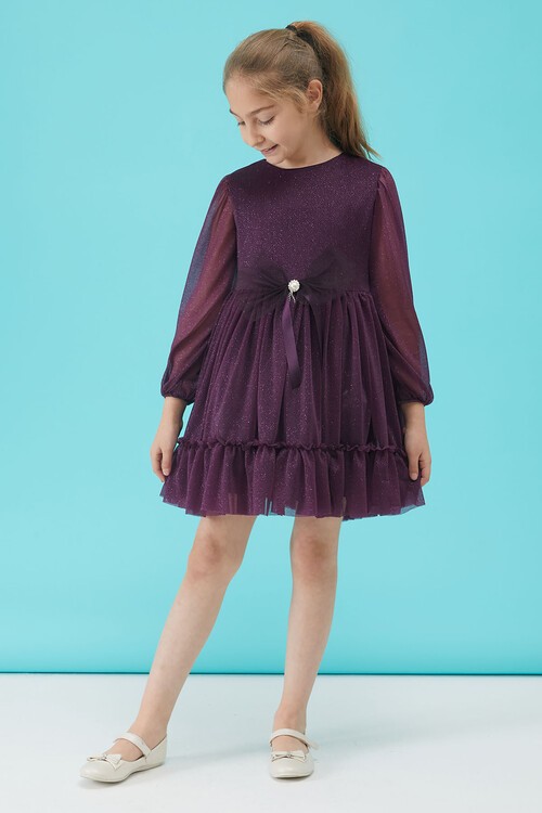 Kız Çocuk Mor Simli Tüllü Abiye Elbise 15188