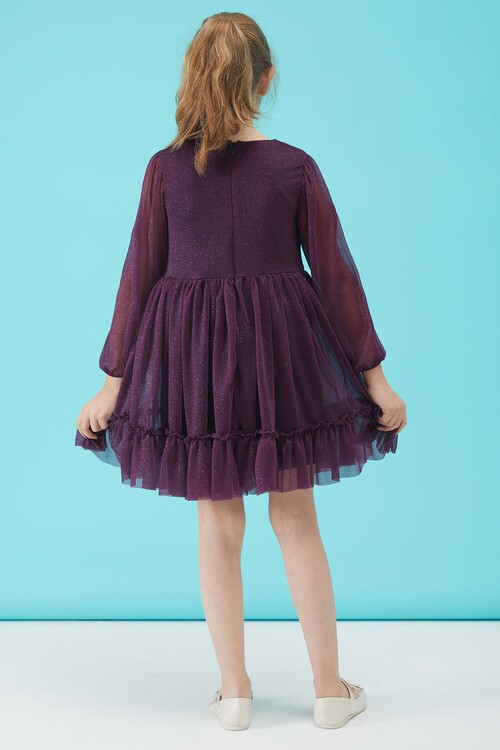 Kız Çocuk Mor Simli Tüllü Abiye Elbise 15188