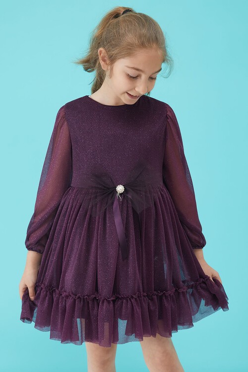 Kız Çocuk Mor Simli Tüllü Abiye Elbise 15188