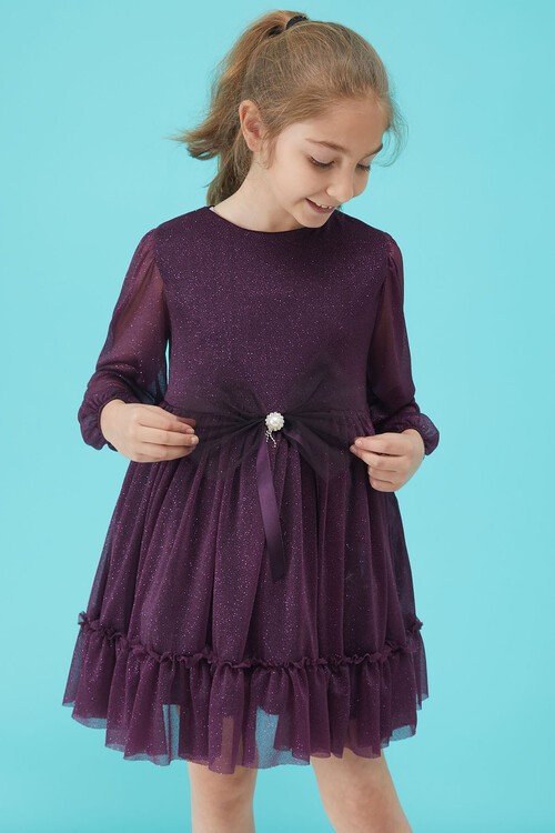 Kız Çocuk Mor Simli Tüllü Abiye Elbise 15188