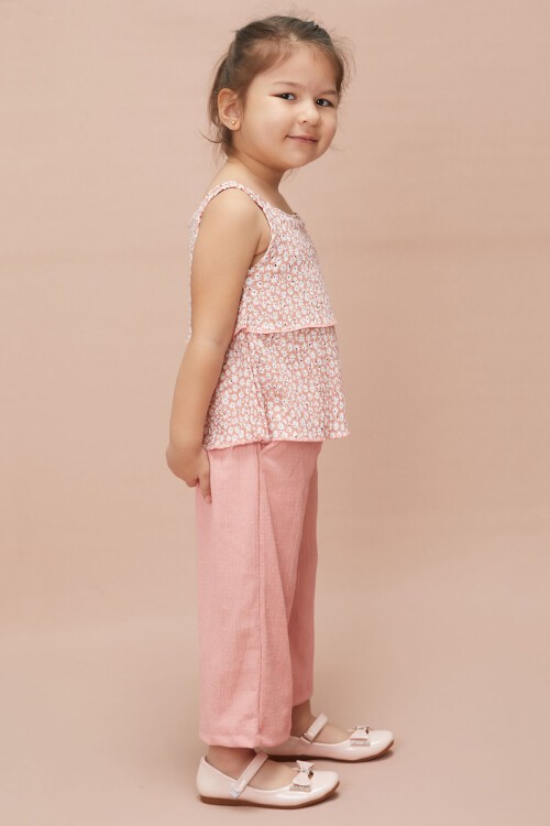Kız Çocuk Pembe Çiçekli Askılı Bluzlu Pantolonlu Takım 15148
