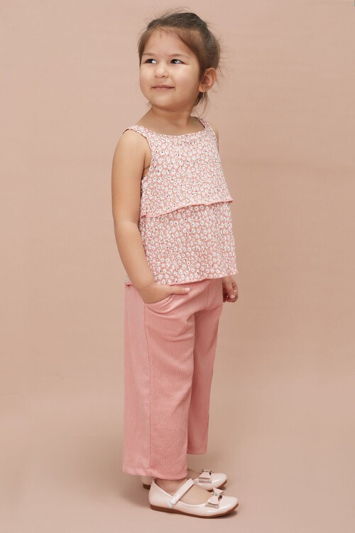 Kız Çocuk Pembe Çiçekli Askılı Bluzlu Pantolonlu Takım 15148