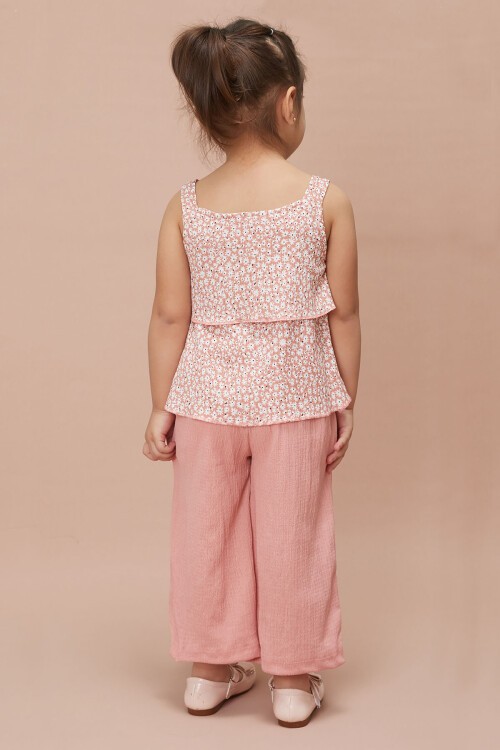 Kız Çocuk Pembe Çiçekli Askılı Bluzlu Pantolonlu Takım 15148