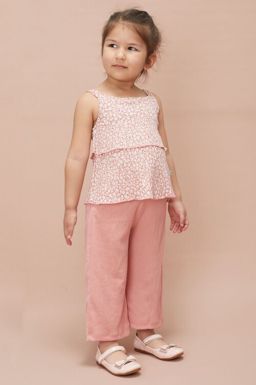 Kız Çocuk Pembe Çiçekli Askılı Bluzlu Pantolonlu Takım 15148